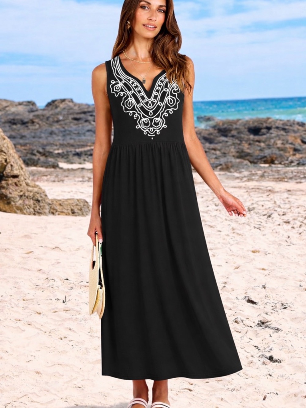 Chelsea Studio Black Embroidered V-Neck Sleeveless Maxi Dress 1X